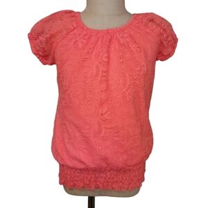 ✨️ Extremely Me Girl 10/12 Hot Pink Coral Lace Short Sleeve Shirt Ruched Top